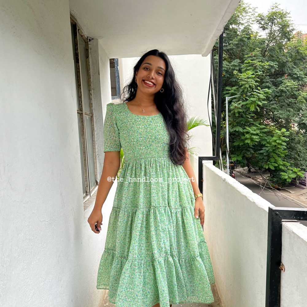 Pista green georgette dress - THEHANDLOOMPROJECT