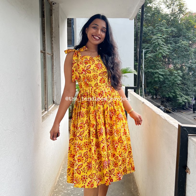 Yellow floral cotton dress - THEHANDLOOMPROJECT