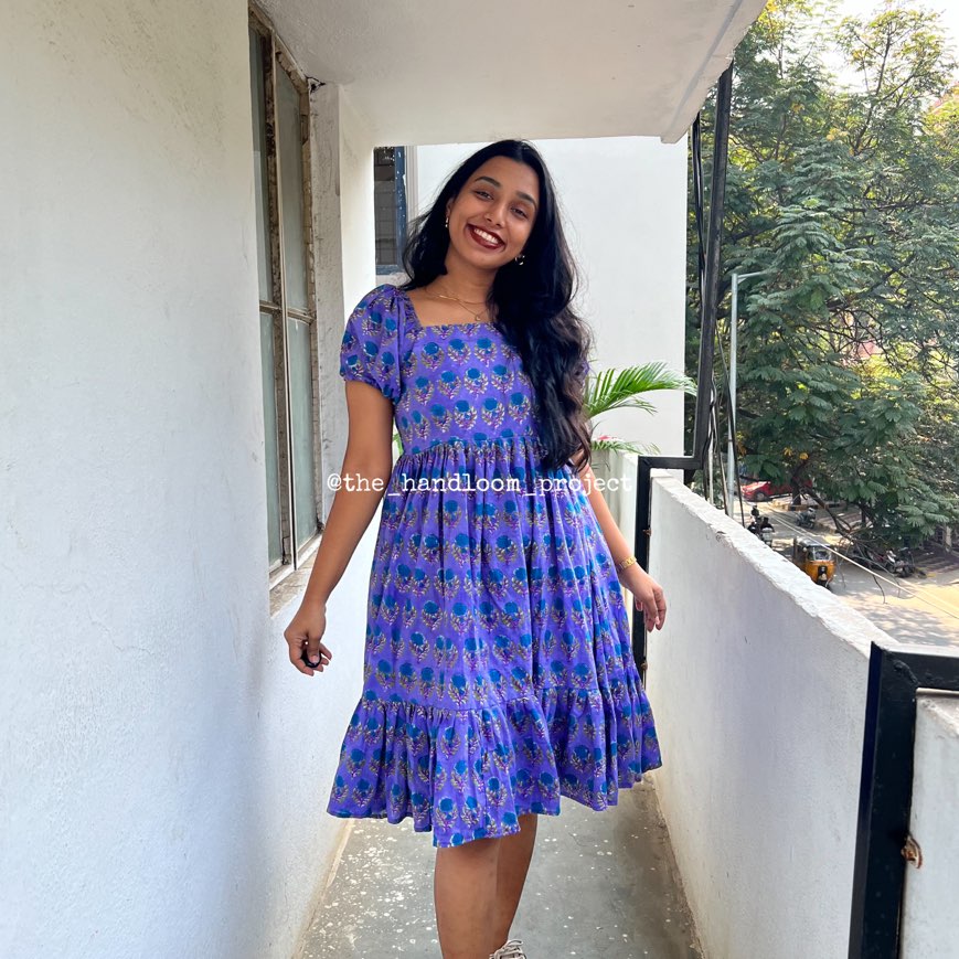 Purple floral 1 tier cotton dress - THEHANDLOOMPROJECT